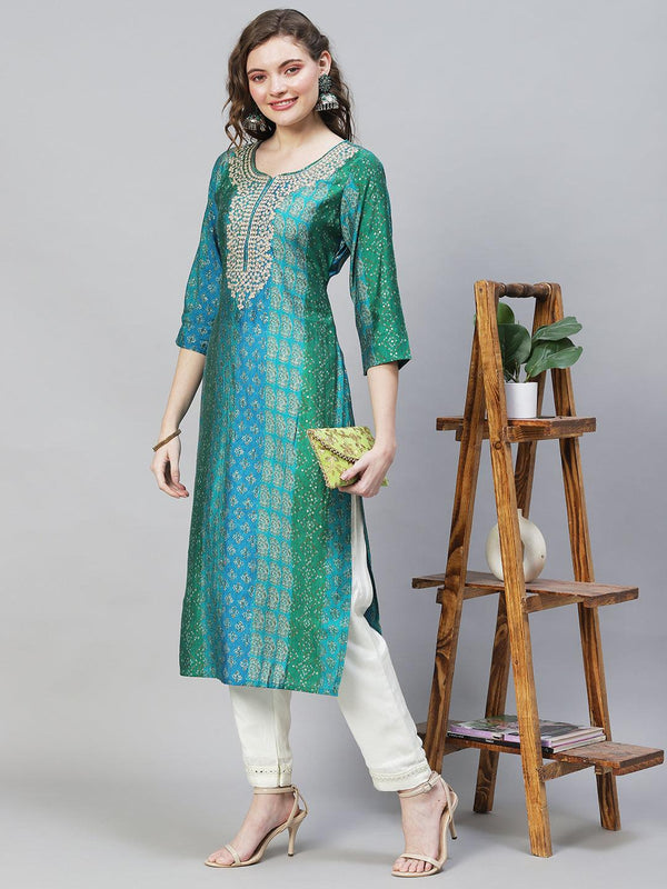 Ethnic & Stripes Printed & Embroidered Straight Fit Kurta – Multi - Indiakreations