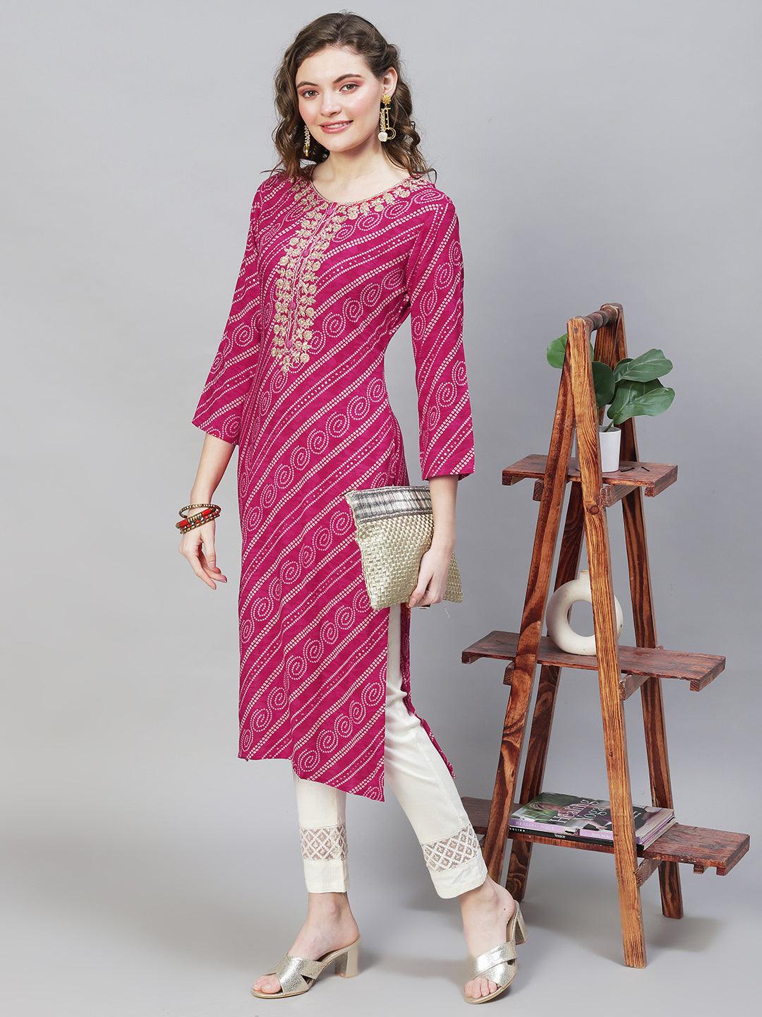 Bandhani Printed & Embroidered Straight Fit Kurta - Magenta - Indiakreations