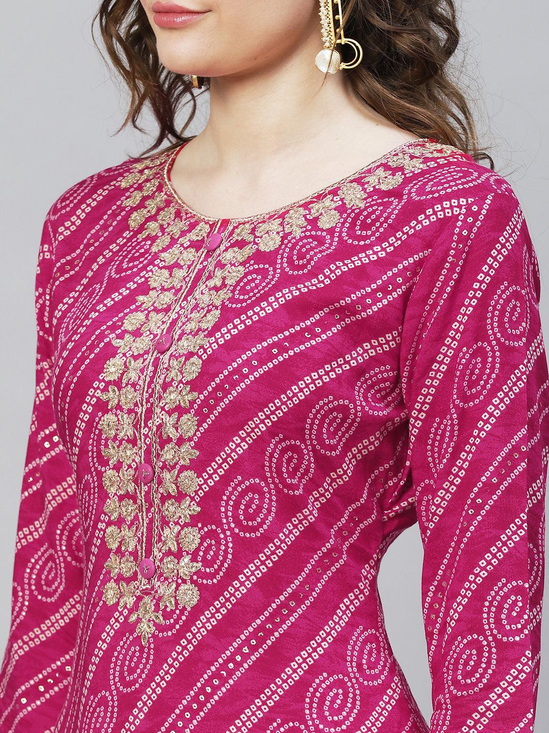 Bandhani Printed & Embroidered Straight Fit Kurta - Magenta - Indiakreations