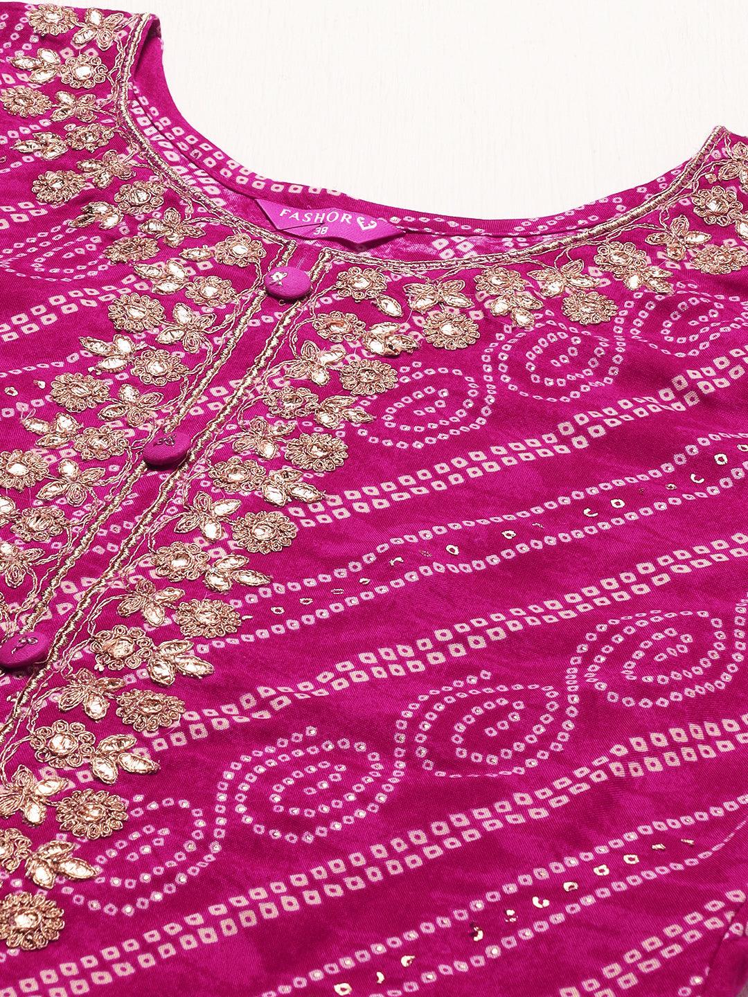 Bandhani Printed & Embroidered Straight Fit Kurta - Magenta - Indiakreations