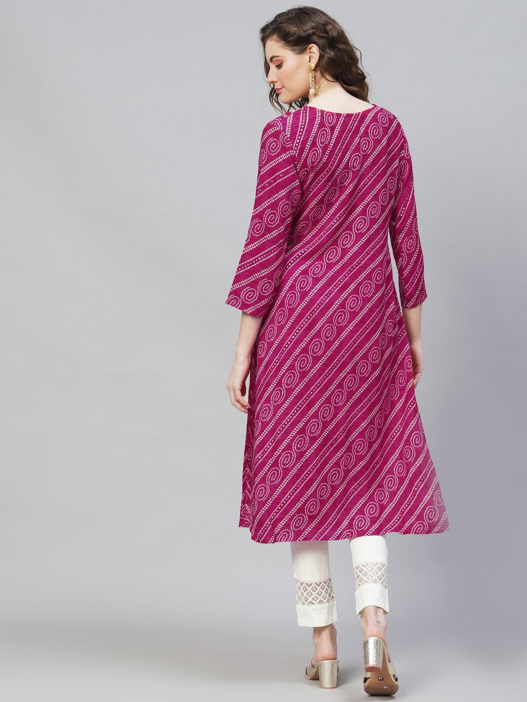 Bandhani Printed & Embroidered Straight Fit Kurta - Magenta - Indiakreations