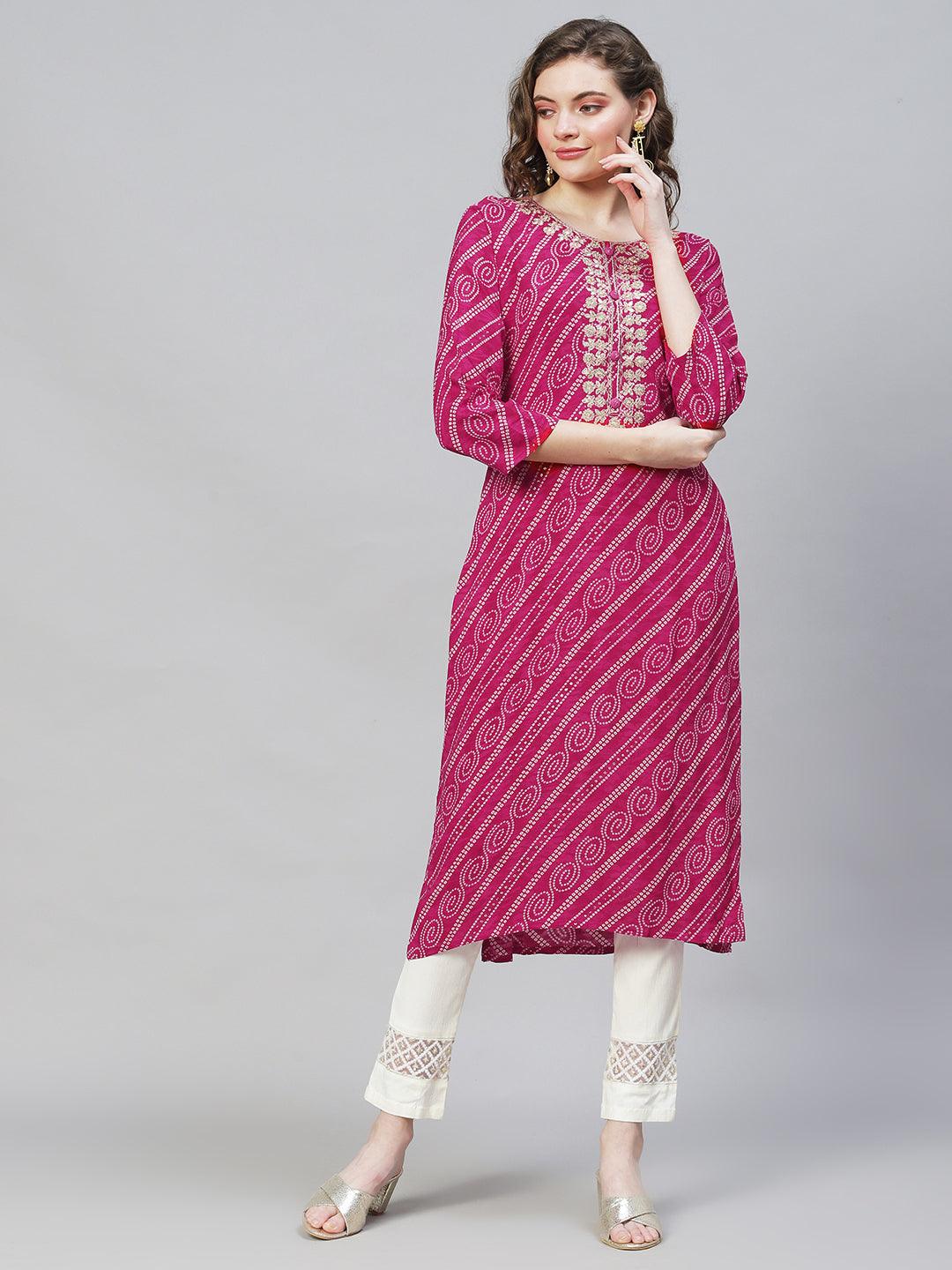 Bandhani Printed & Embroidered Straight Fit Kurta - Magenta - Indiakreations