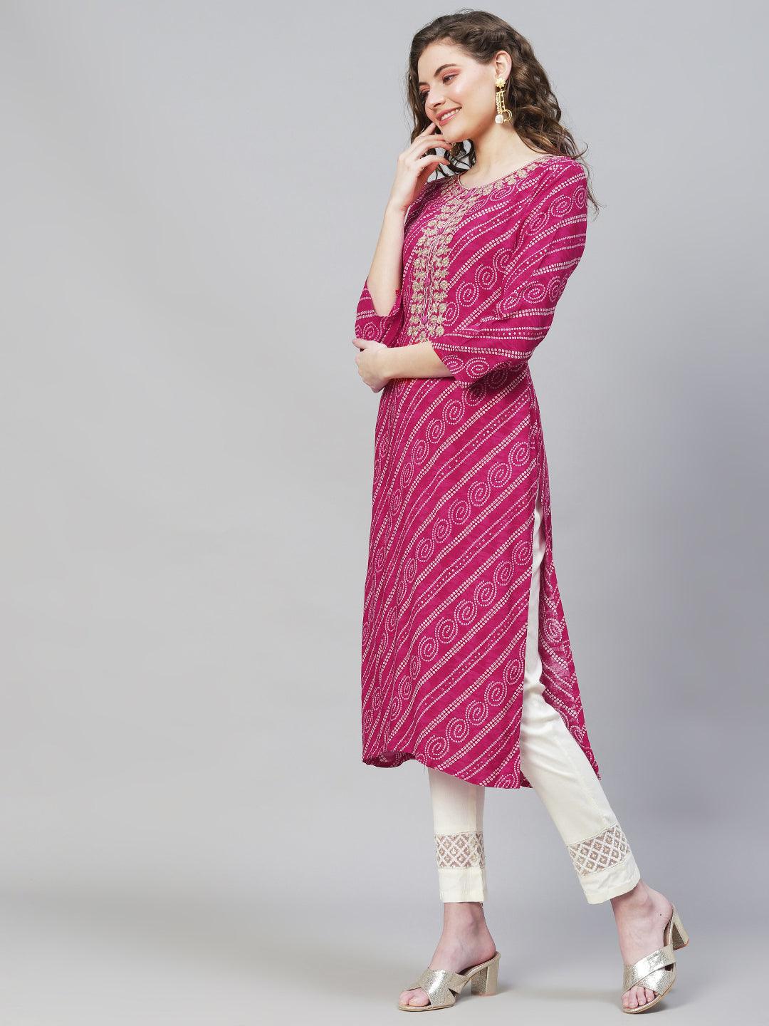 Bandhani Printed & Embroidered Straight Fit Kurta - Magenta - Indiakreations