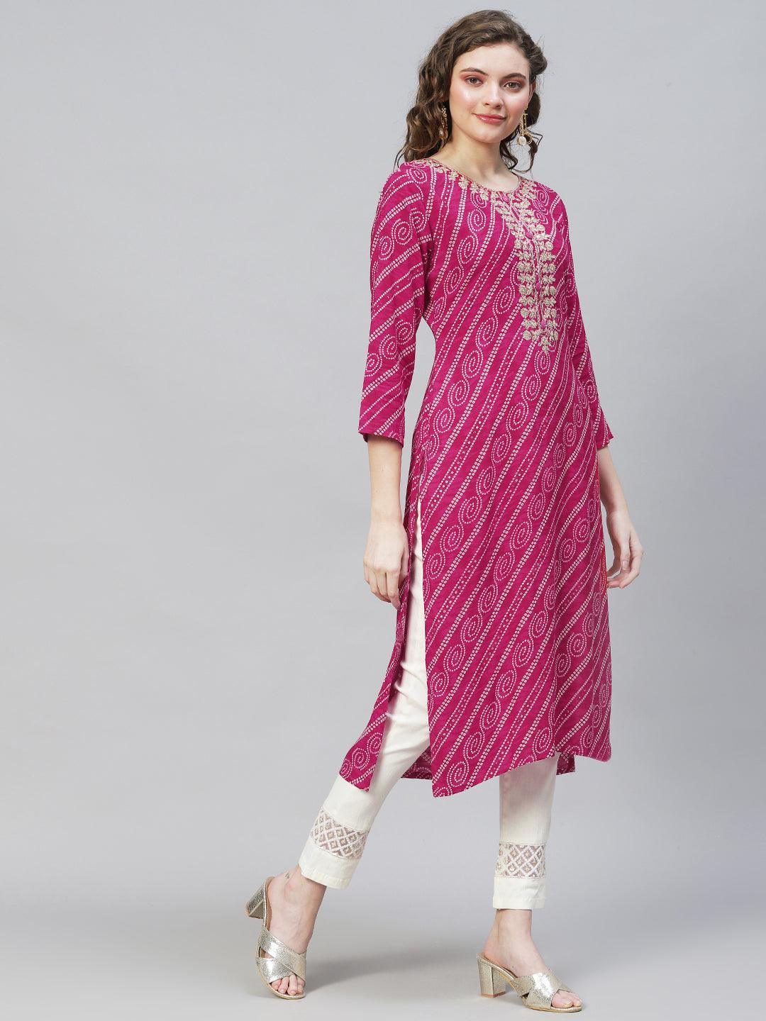 Bandhani Printed & Embroidered Straight Fit Kurta - Magenta - Indiakreations