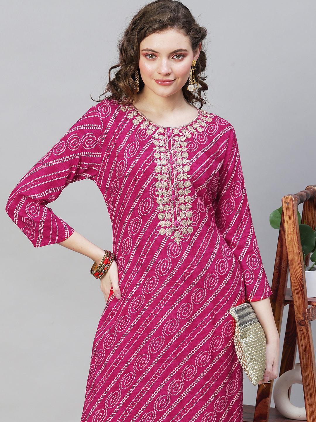 Bandhani Printed & Embroidered Straight Fit Kurta - Magenta - Indiakreations