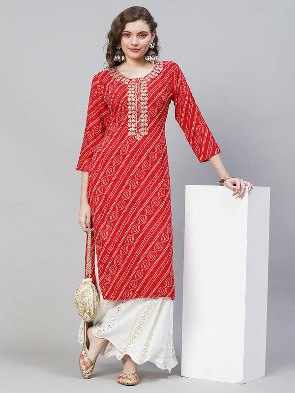 Bandhani Printed & Embroidered Straight Fit Kurta – Red - Indiakreations