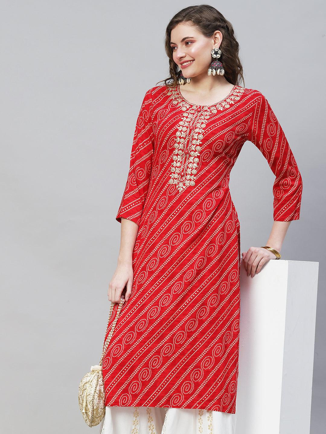 Bandhani Printed & Embroidered Straight Fit Kurta – Red - Indiakreations