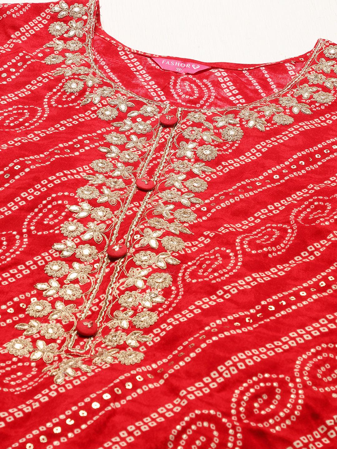 Bandhani Printed & Embroidered Straight Fit Kurta – Red - Indiakreations