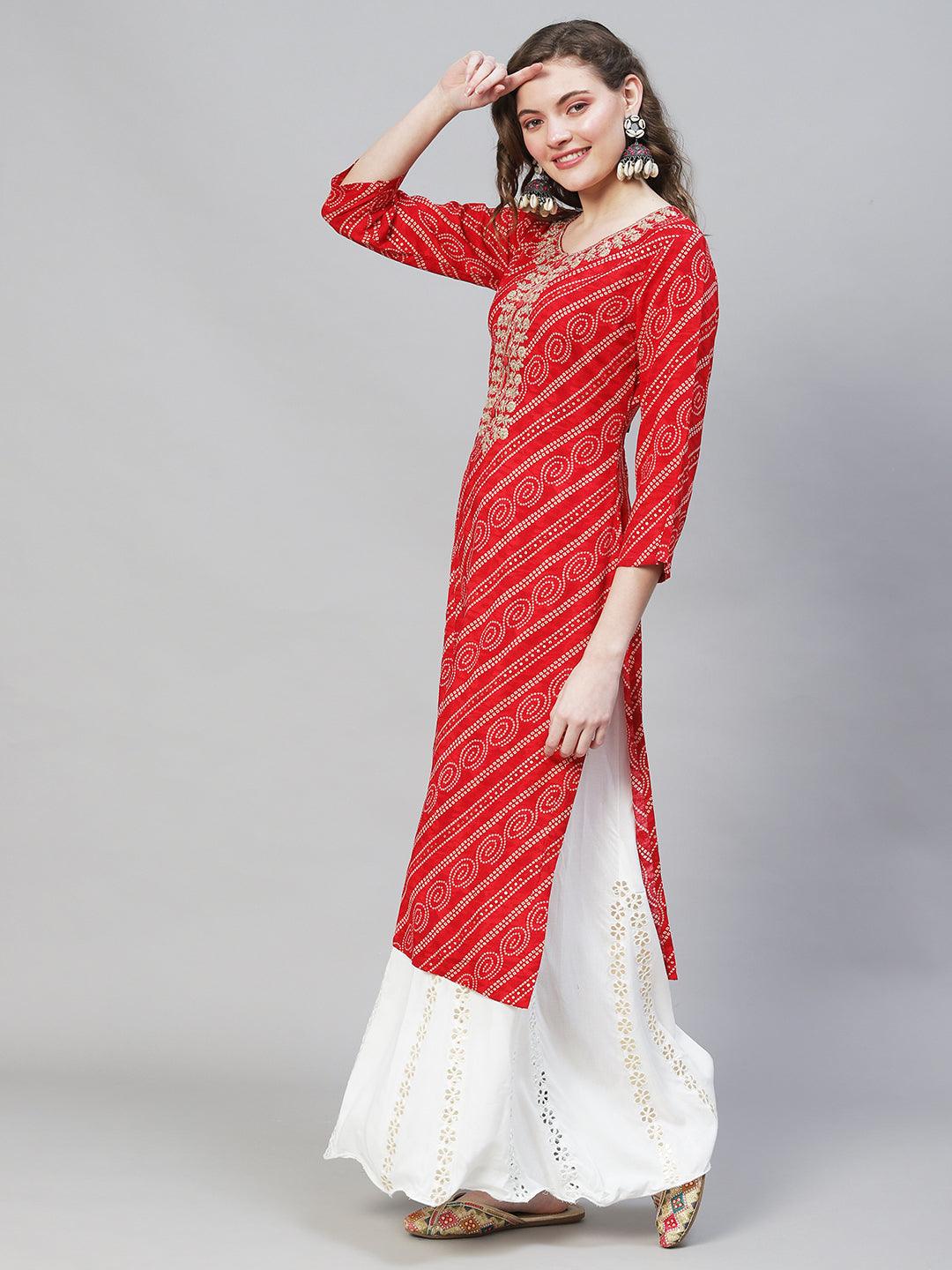 Bandhani Printed & Embroidered Straight Fit Kurta – Red - Indiakreations