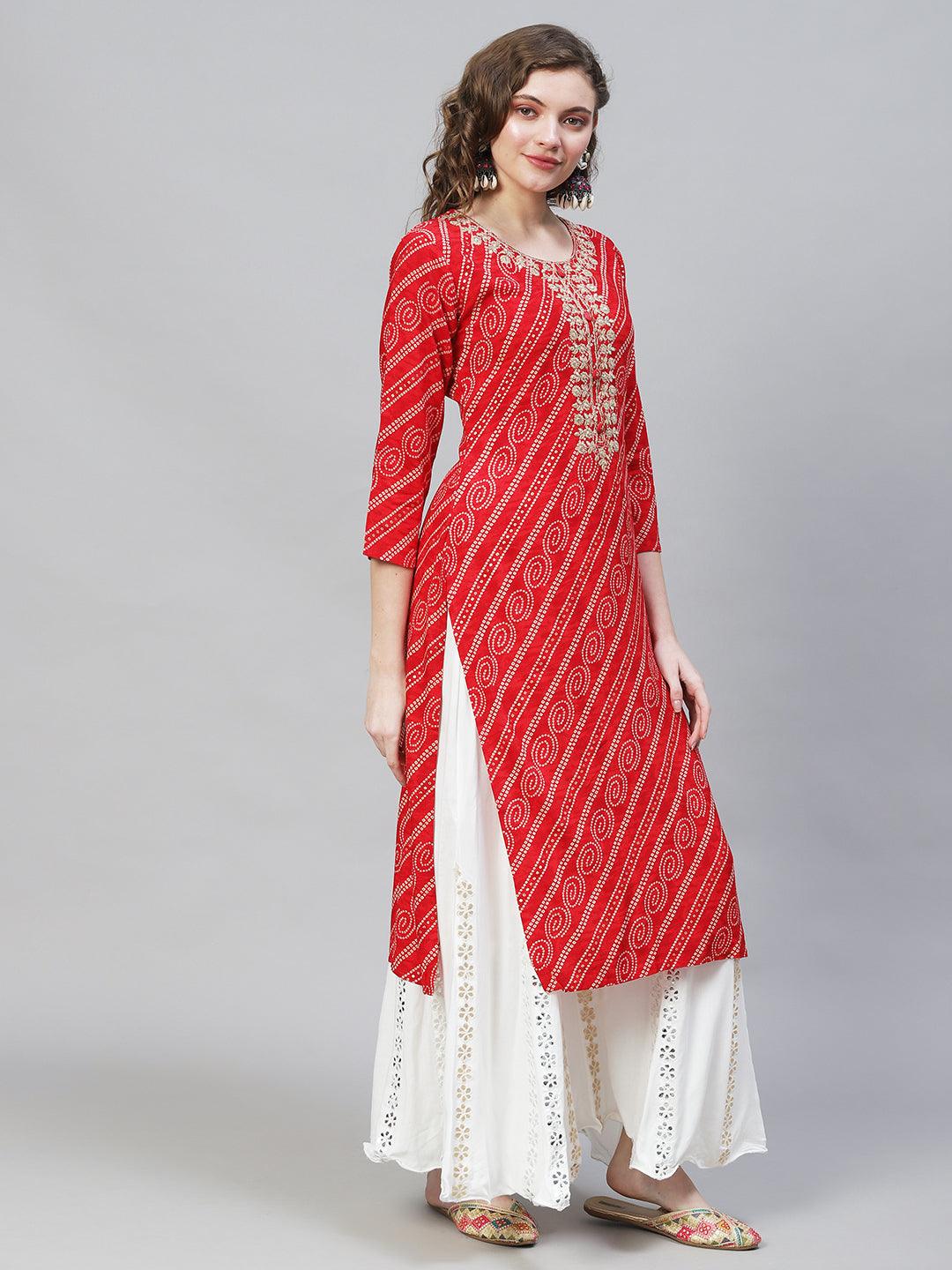 Bandhani Printed & Embroidered Straight Fit Kurta – Red - Indiakreations