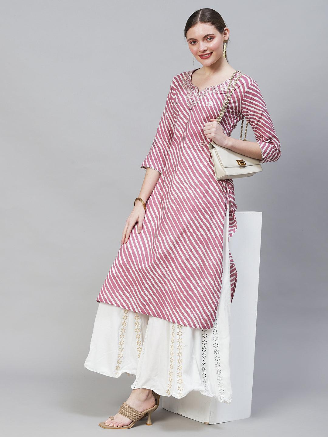 Leheriya Printed & Embroidered Straight Fit Kurta - Purple - Indiakreations