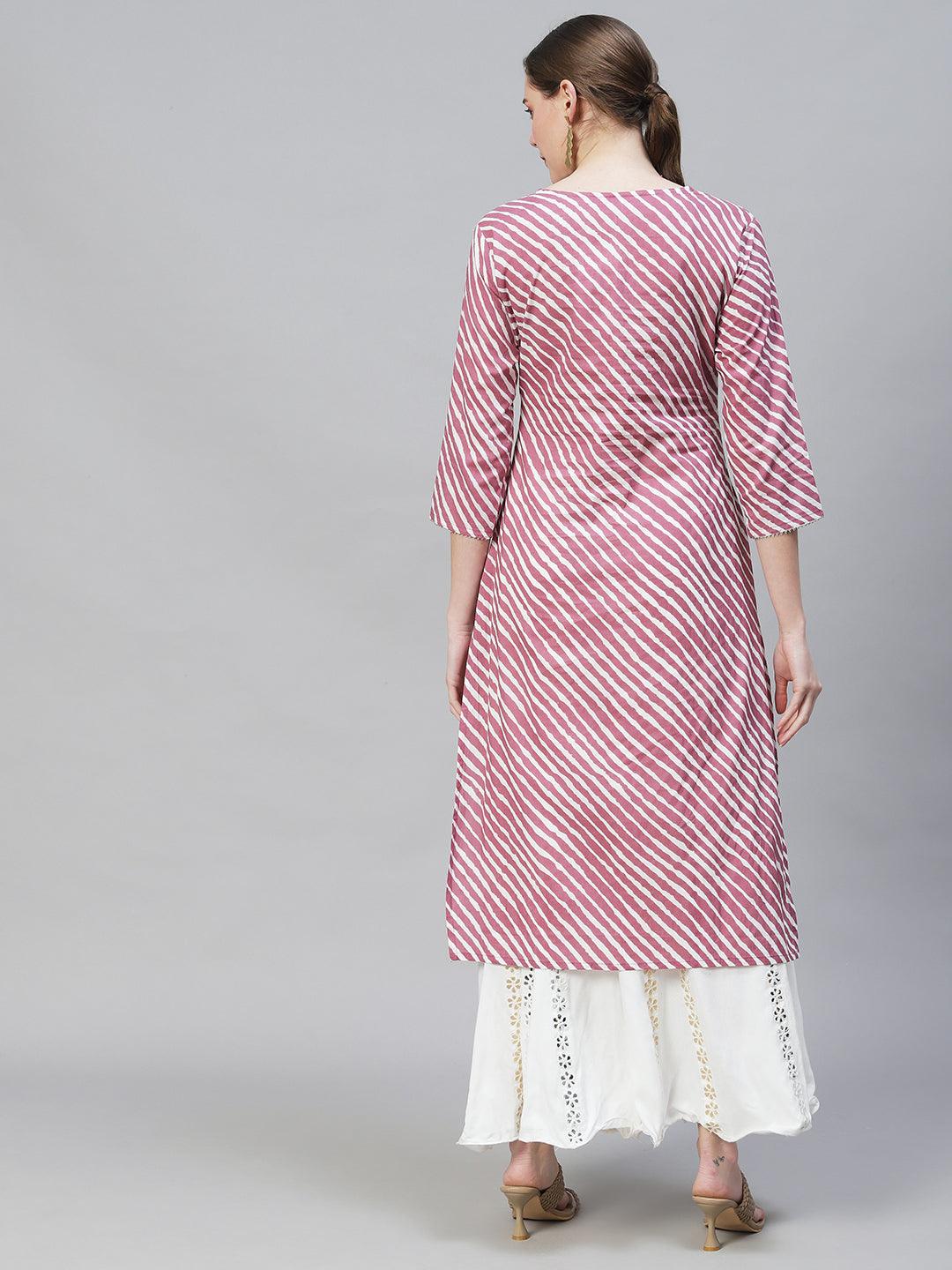 Leheriya Printed & Embroidered Straight Fit Kurta - Purple - Indiakreations