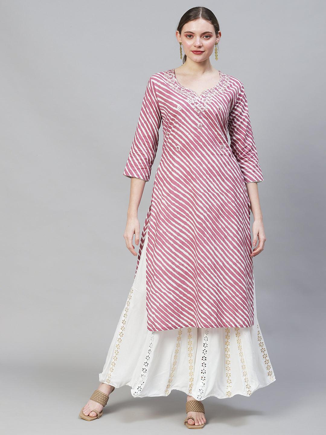 Leheriya Printed & Embroidered Straight Fit Kurta - Purple - Indiakreations