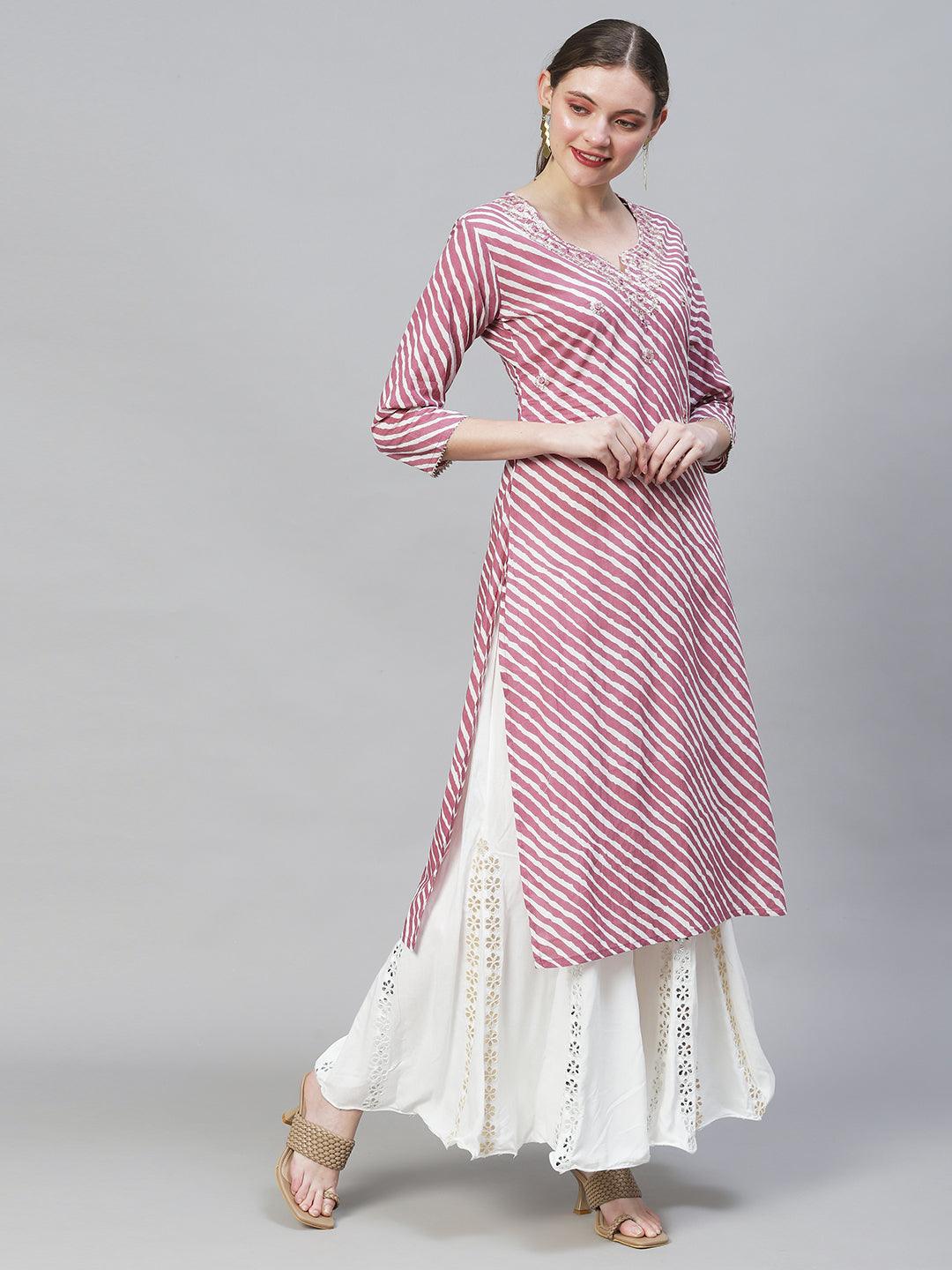 Leheriya Printed & Embroidered Straight Fit Kurta - Purple - Indiakreations