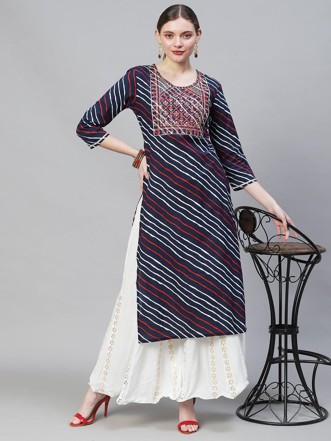 Leheriya Printed & Embroidered Straight Fit Kurta – Dark Blue - Indiakreations