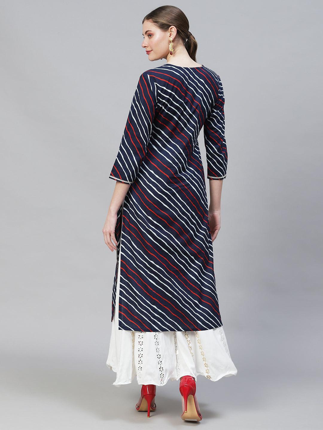 Leheriya Printed & Embroidered Straight Fit Kurta – Dark Blue - Indiakreations