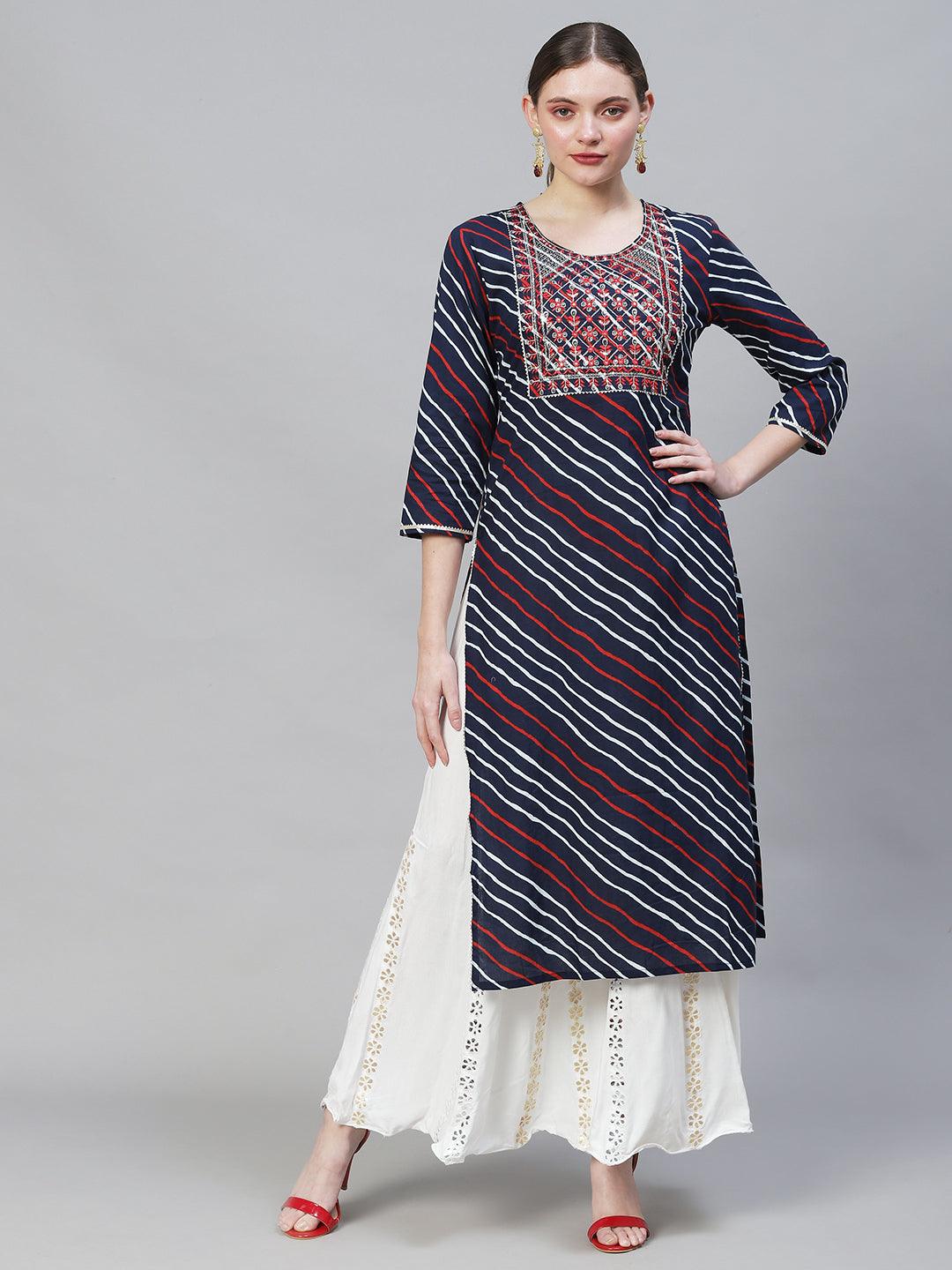 Leheriya Printed & Embroidered Straight Fit Kurta – Dark Blue - Indiakreations