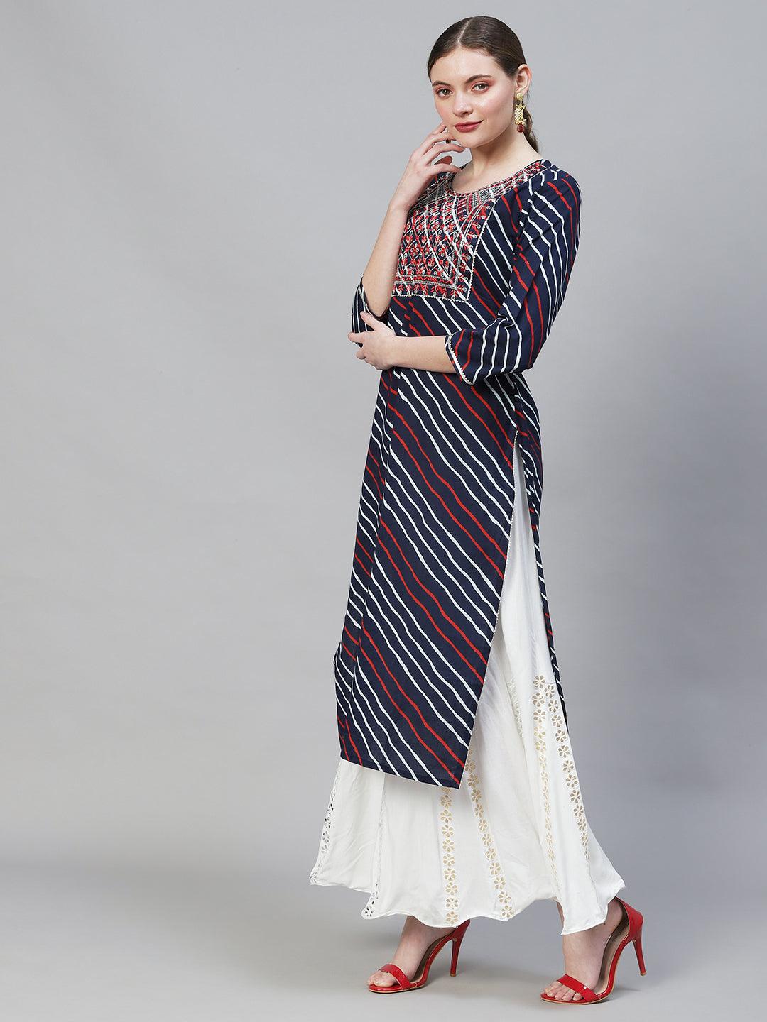 Leheriya Printed & Embroidered Straight Fit Kurta – Dark Blue - Indiakreations