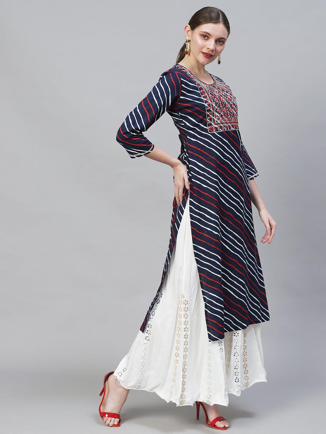 Leheriya Printed & Embroidered Straight Fit Kurta – Dark Blue - Indiakreations