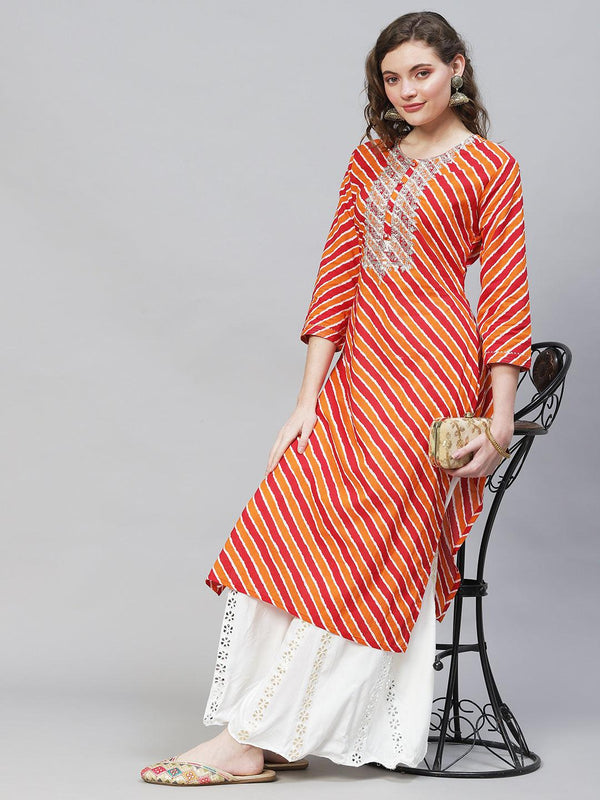 Leheriya Printed & Embroidered Straight Fit Kurta – Multi - Indiakreations