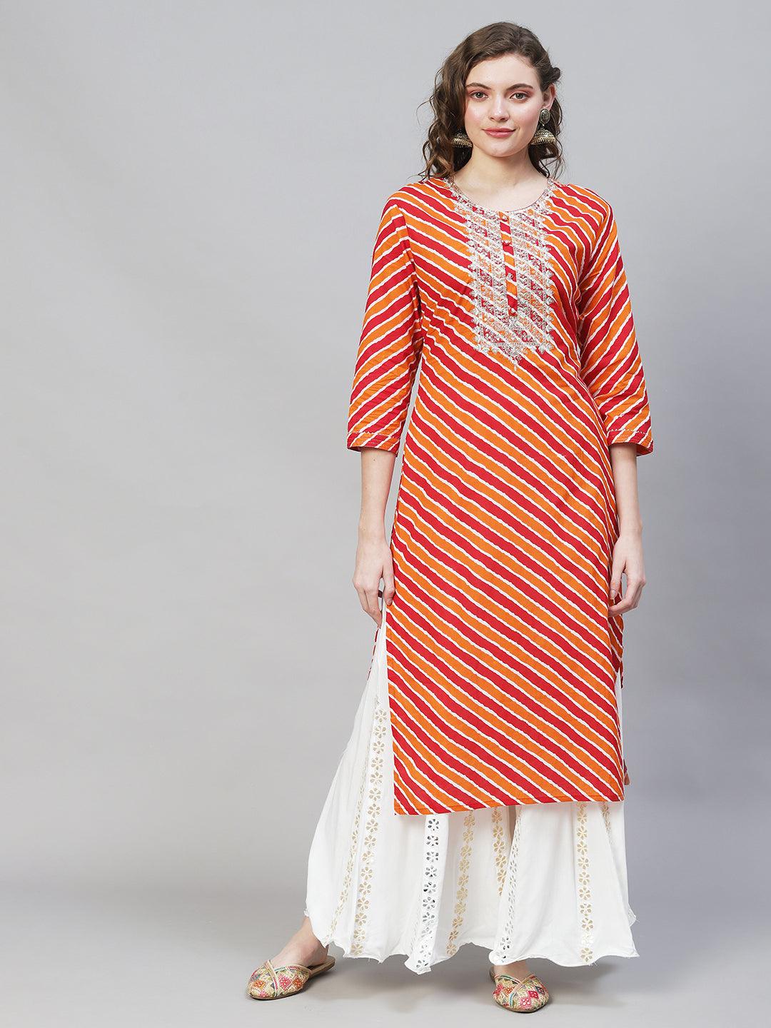 Leheriya Printed & Embroidered Straight Fit Kurta – Multi - Indiakreations