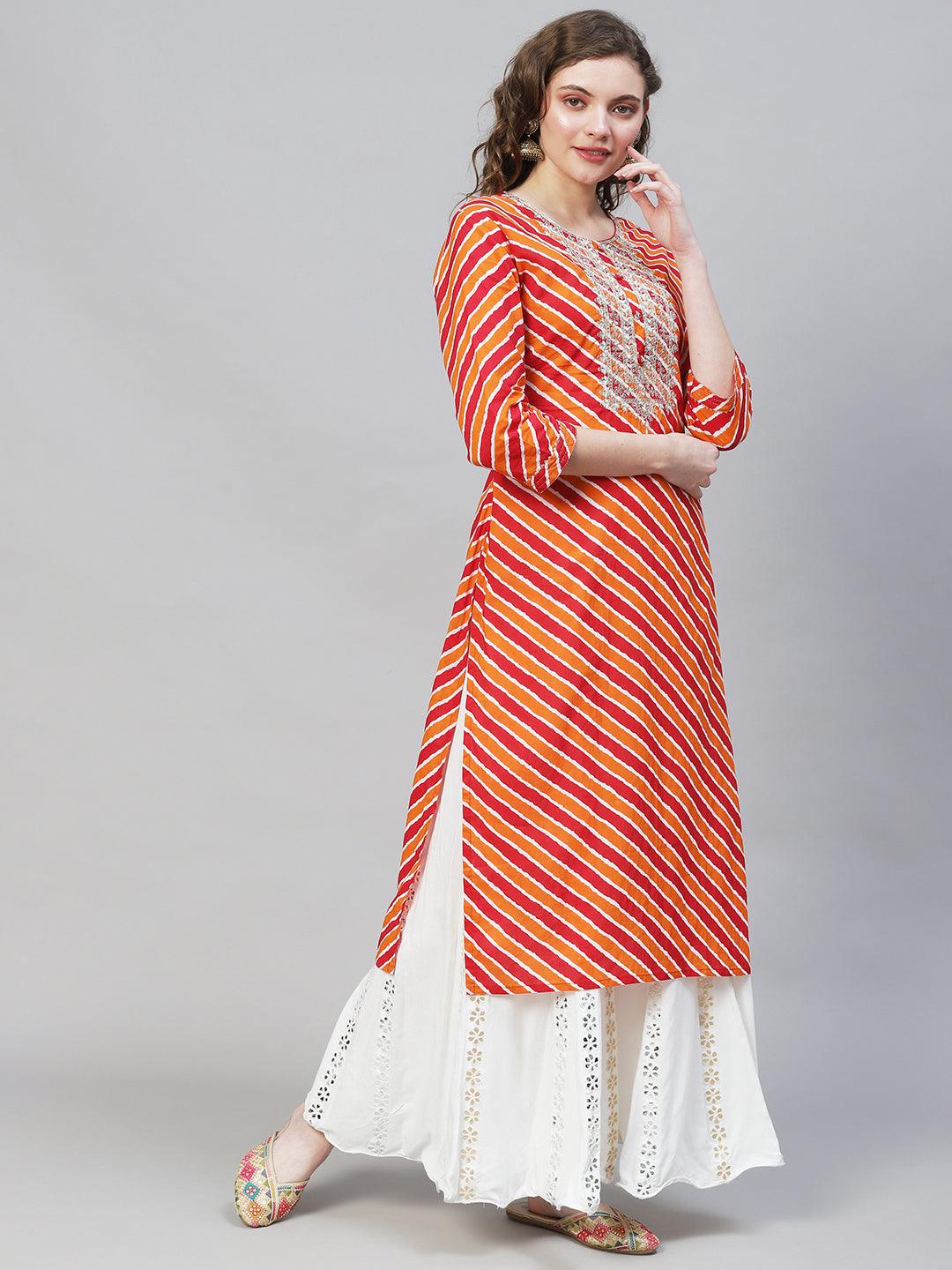 Leheriya Printed & Embroidered Straight Fit Kurta – Multi - Indiakreations