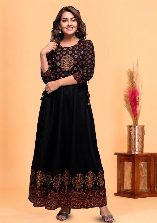 Black Embroidery Printed Rayon Ethnic Gown - Indiakreations