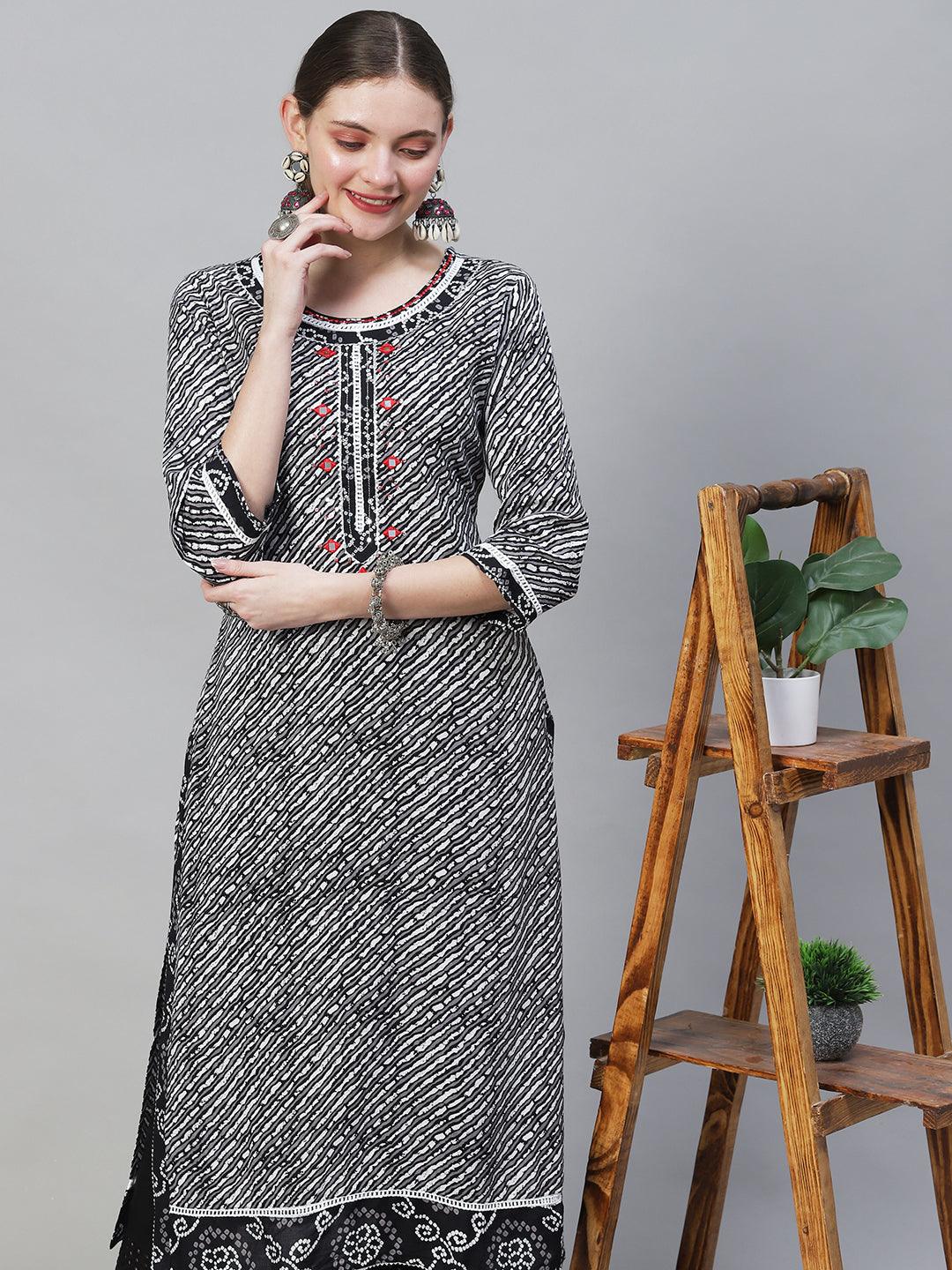 Ethnic Printed & Embroidered Straight Fit Kurta - Multi - Indiakreations