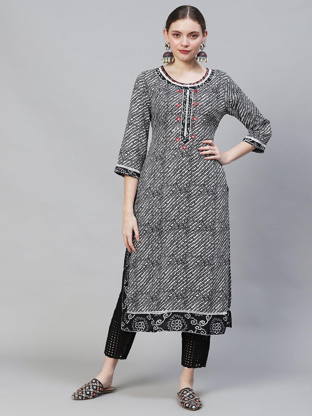 Ethnic Printed & Embroidered Straight Fit Kurta - Multi - Indiakreations