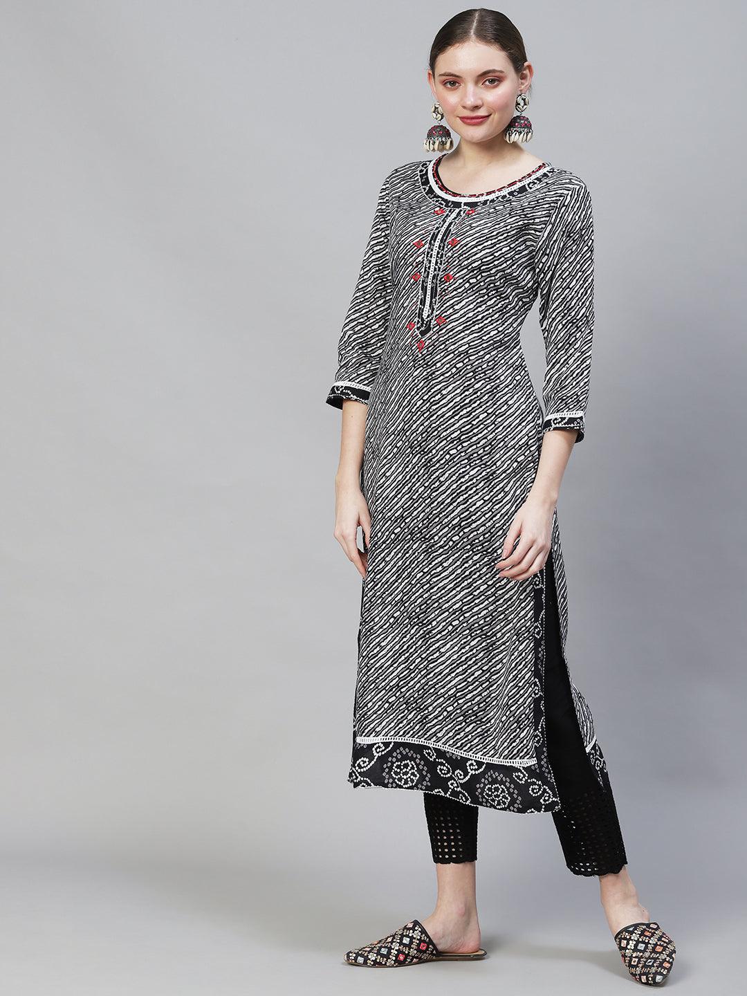 Ethnic Printed & Embroidered Straight Fit Kurta - Multi - Indiakreations