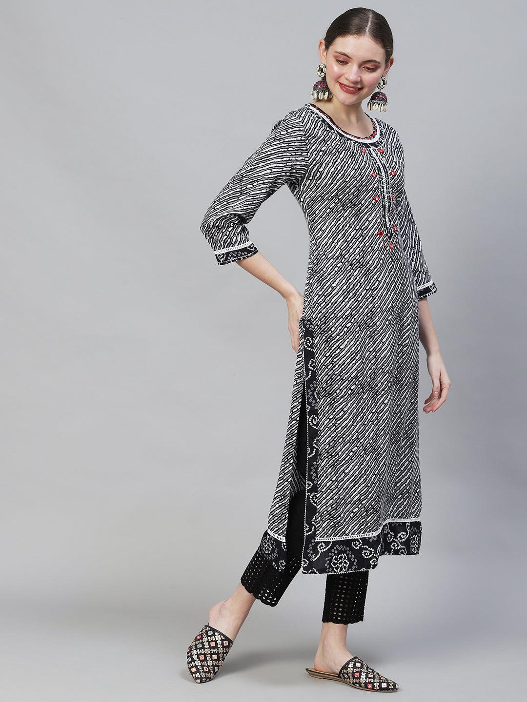 Ethnic Printed & Embroidered Straight Fit Kurta - Multi - Indiakreations