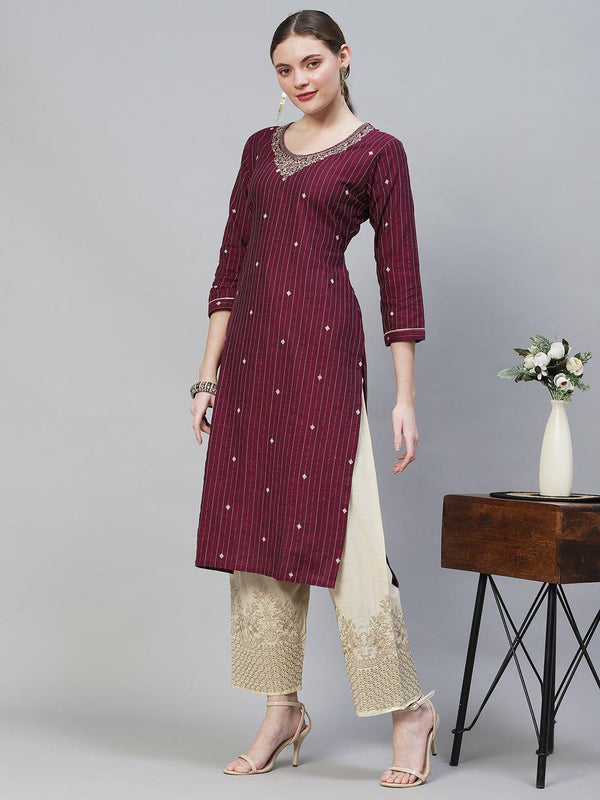 Woven Stripes & Embroidered Straight Fit Kurta - Wine - Indiakreations