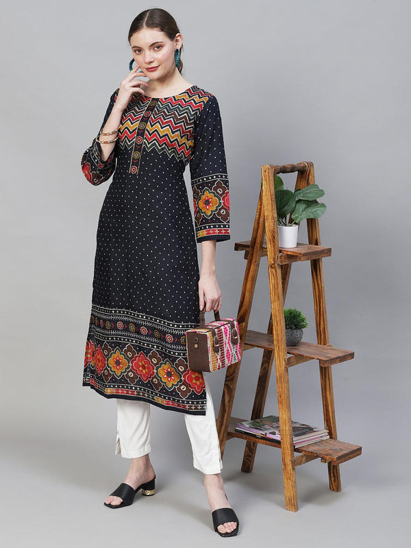 Ethnic Printed Straight Fit Kurta - Navy Blue - Indiakreations