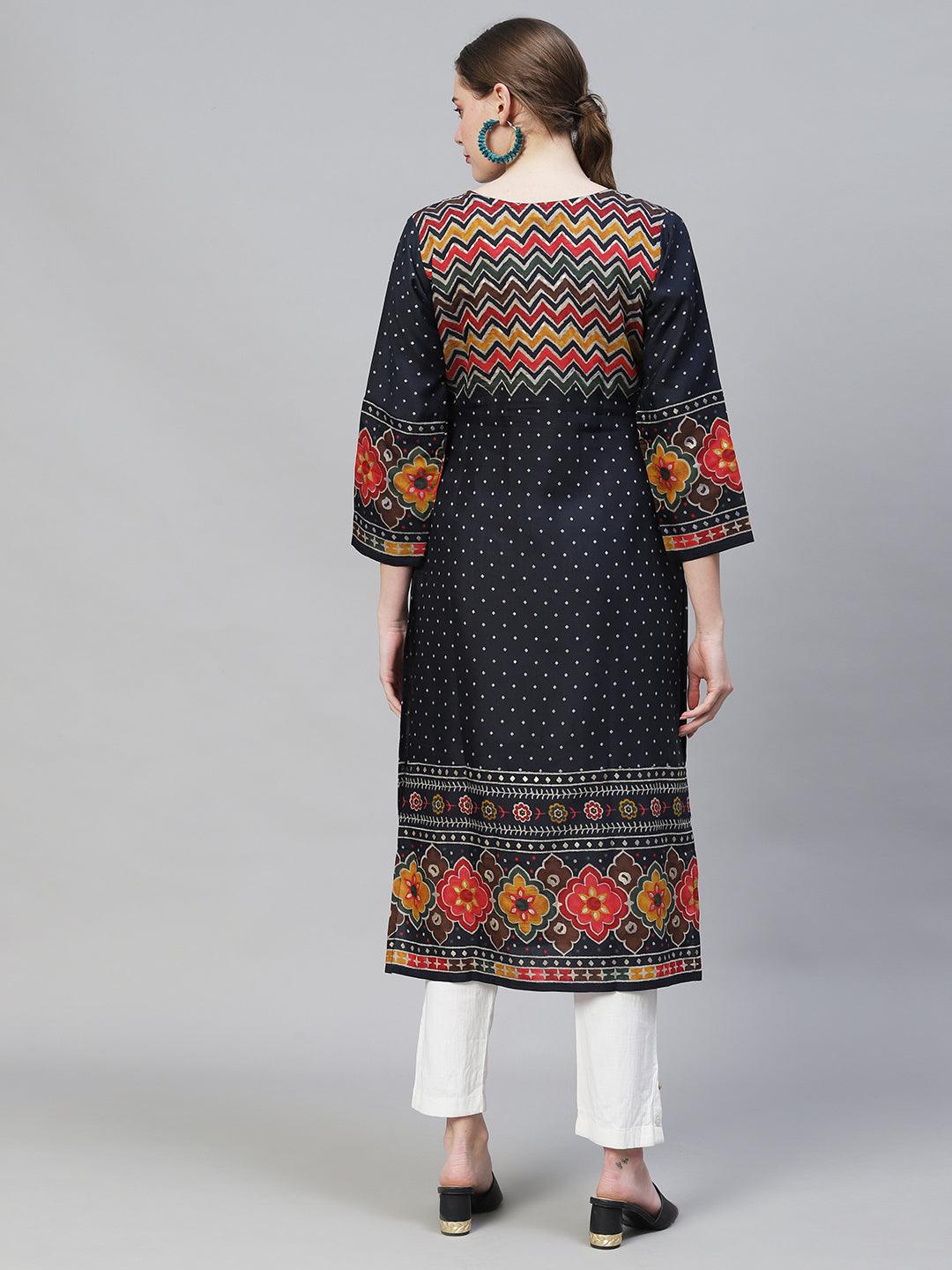 Ethnic Printed Straight Fit Kurta - Navy Blue - Indiakreations