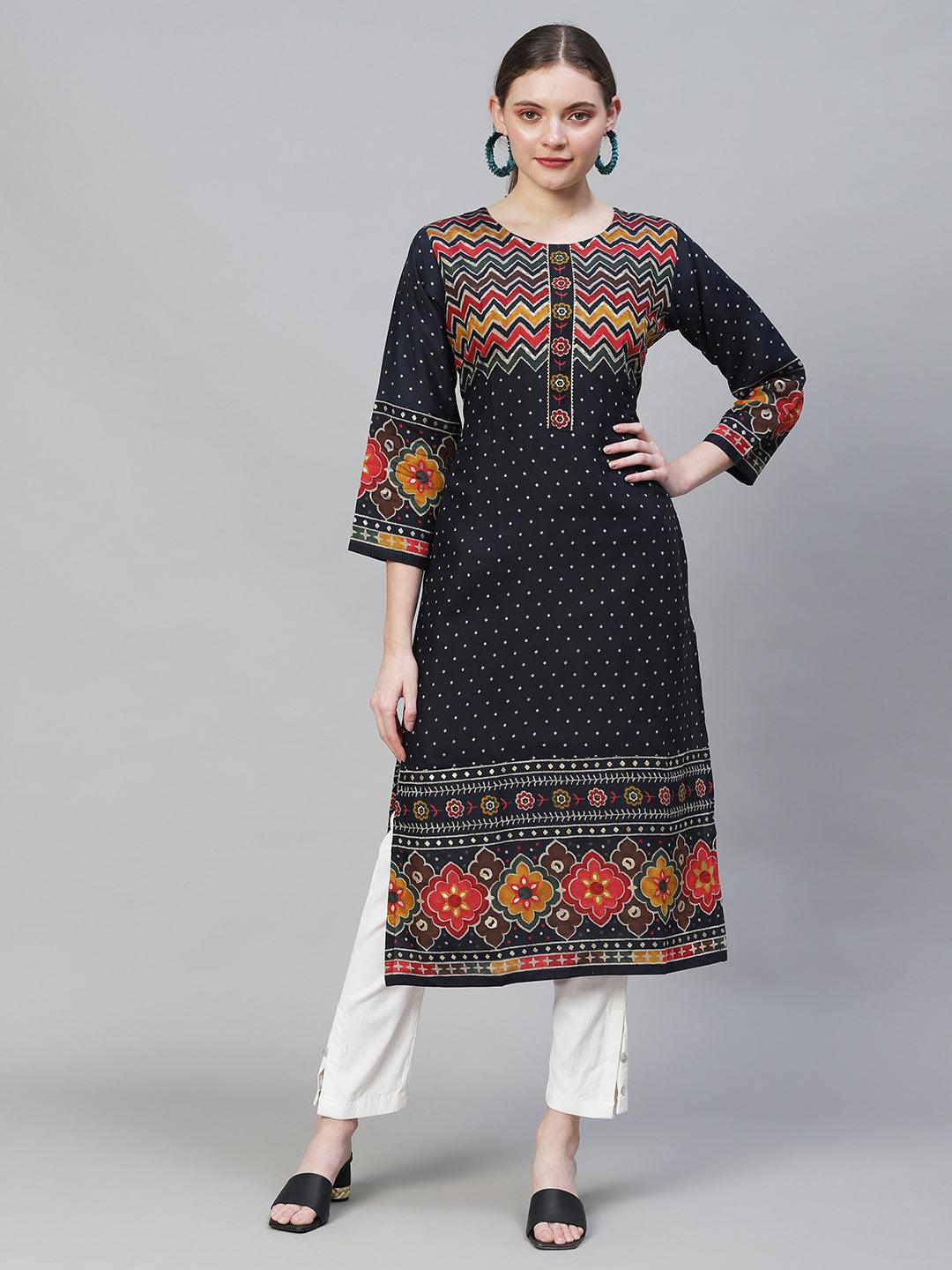 Ethnic Printed Straight Fit Kurta - Navy Blue - Indiakreations