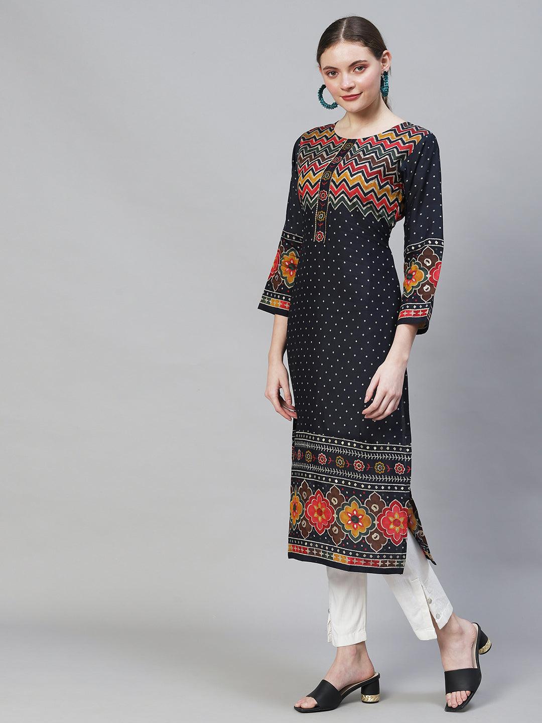 Ethnic Printed Straight Fit Kurta - Navy Blue - Indiakreations