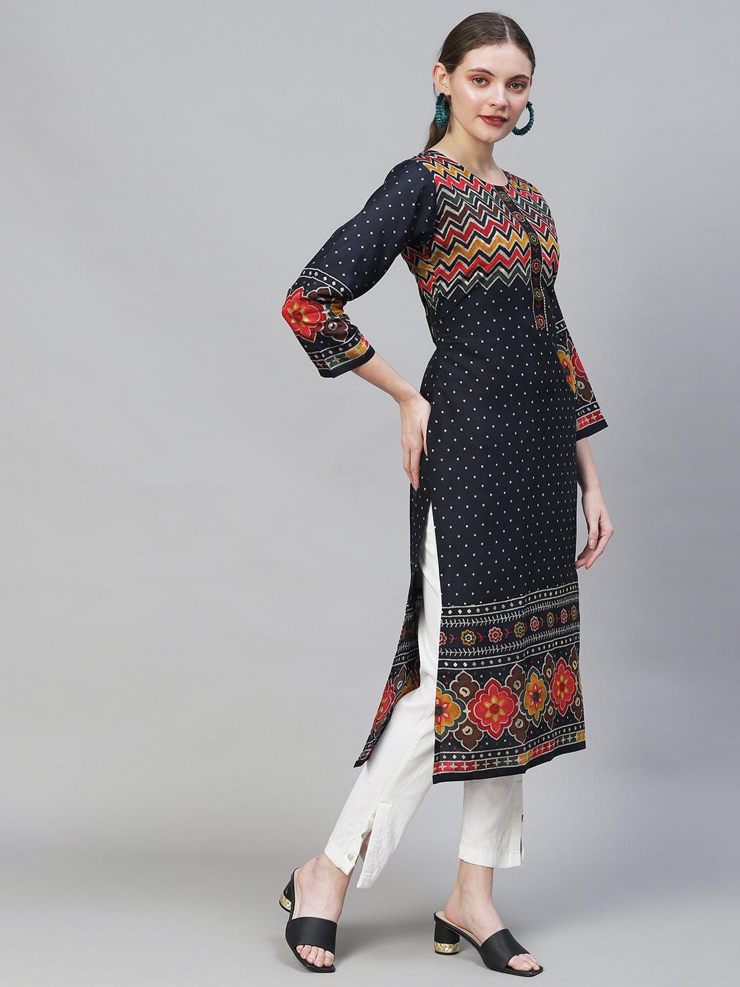 Ethnic Printed Straight Fit Kurta - Navy Blue - Indiakreations