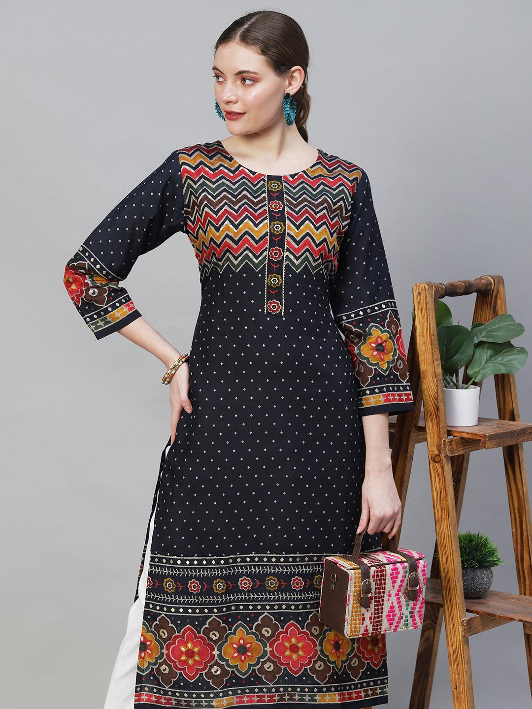 Ethnic Printed Straight Fit Kurta - Navy Blue - Indiakreations