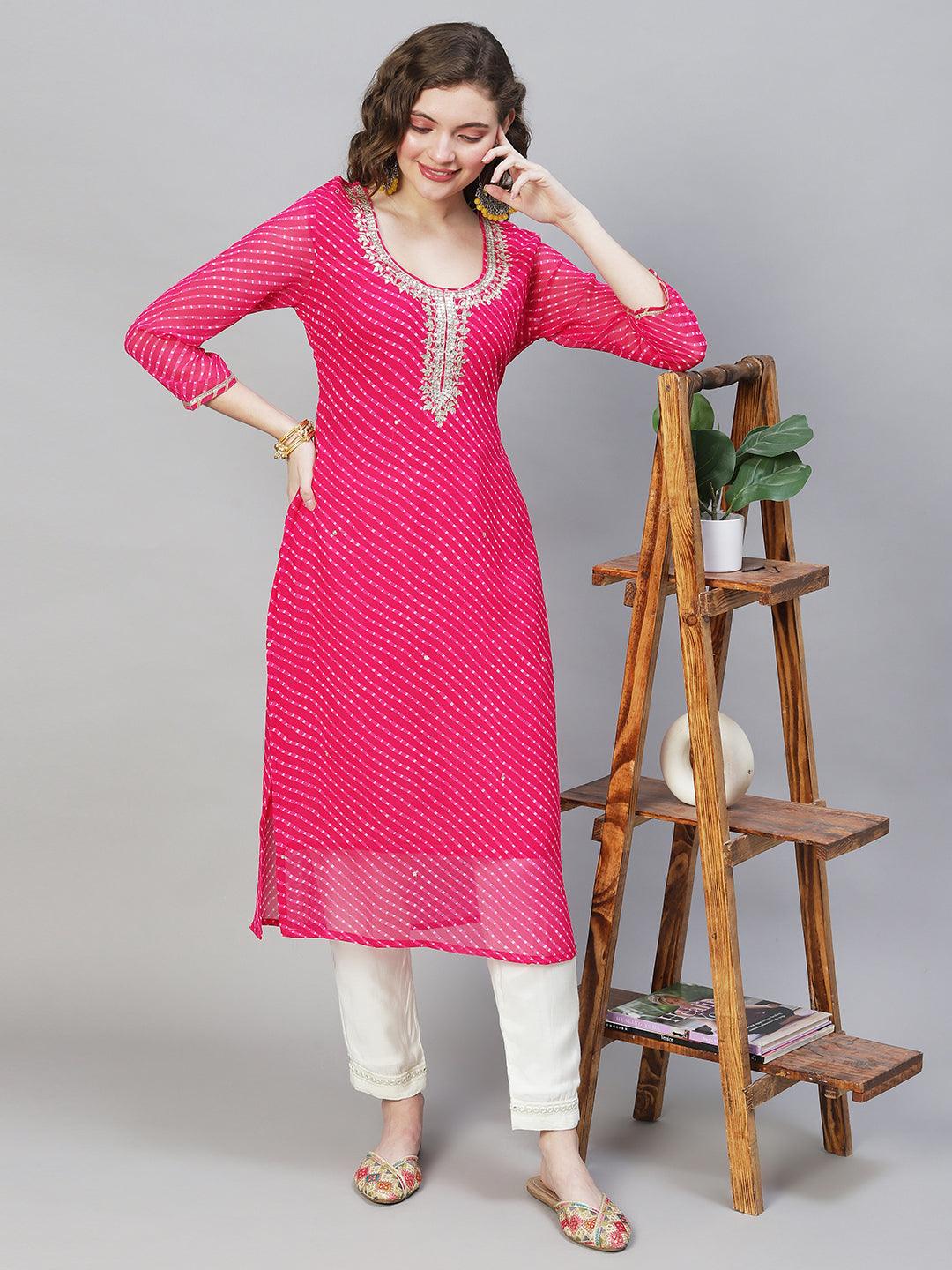 Leheriya Printed & Embroidered Straight Fit Kurta - Hot Pink - Indiakreations