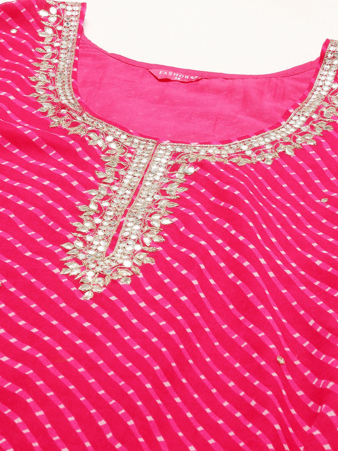 Leheriya Printed & Embroidered Straight Fit Kurta - Hot Pink - Indiakreations