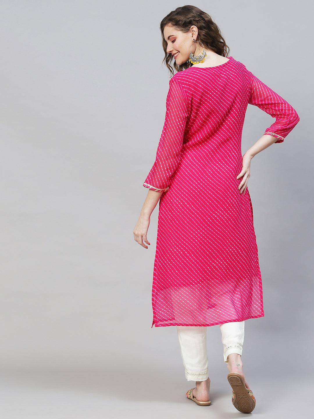 Leheriya Printed & Embroidered Straight Fit Kurta - Hot Pink - Indiakreations