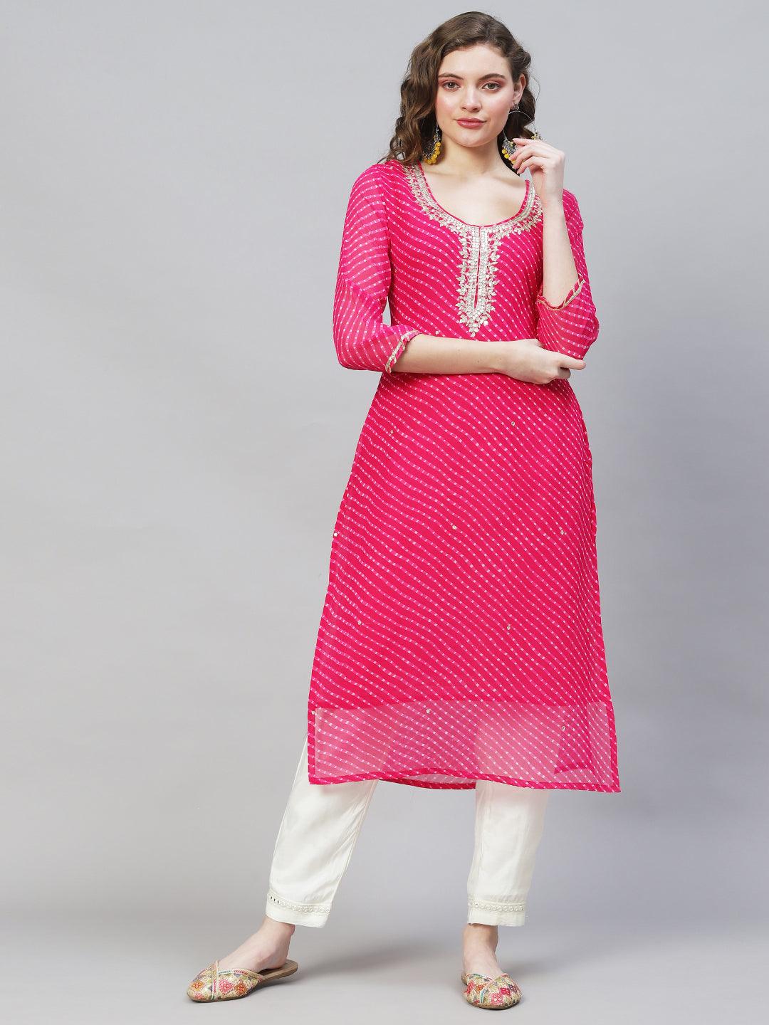 Leheriya Printed & Embroidered Straight Fit Kurta - Hot Pink - Indiakreations