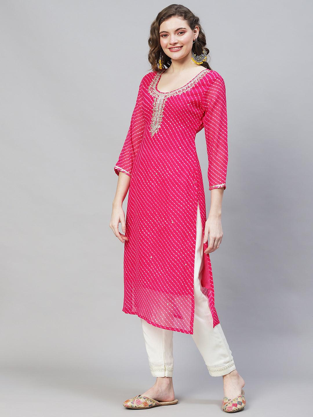 Leheriya Printed & Embroidered Straight Fit Kurta - Hot Pink - Indiakreations