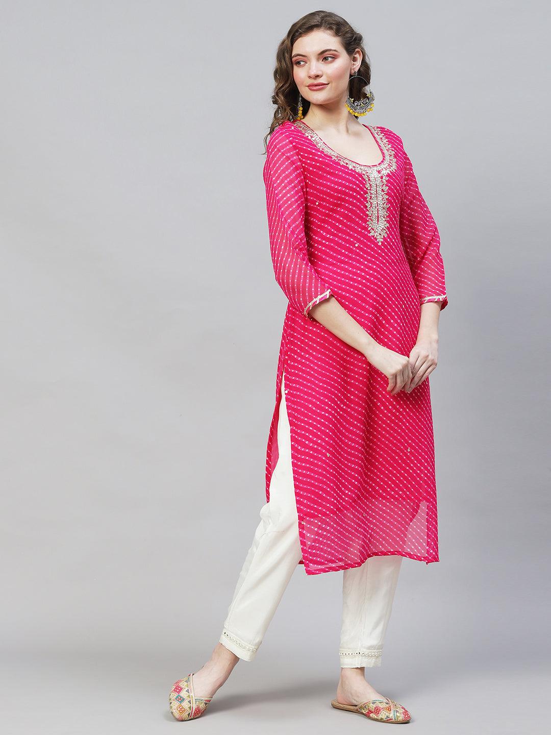 Leheriya Printed & Embroidered Straight Fit Kurta - Hot Pink - Indiakreations