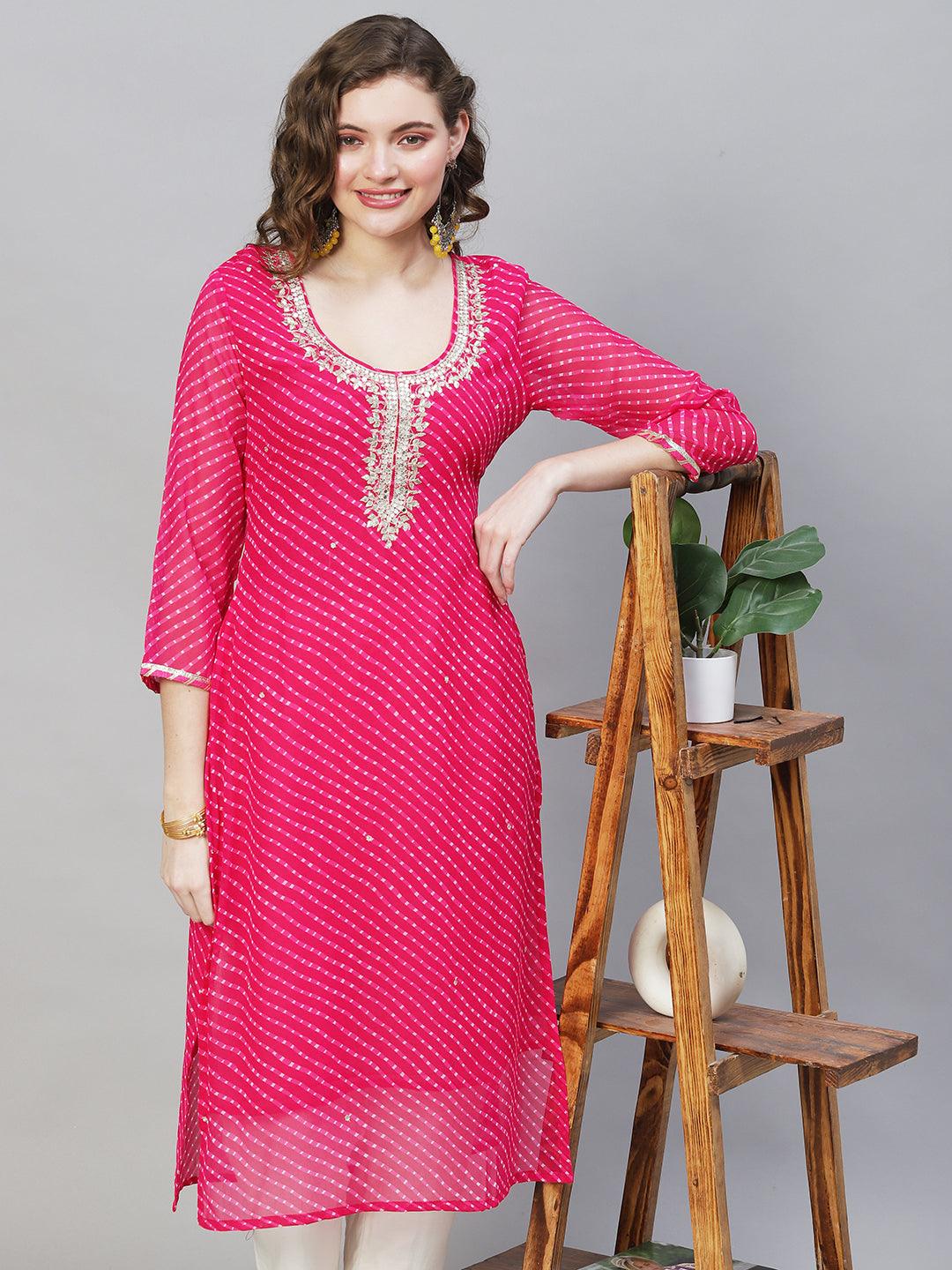 Leheriya Printed & Embroidered Straight Fit Kurta - Hot Pink - Indiakreations