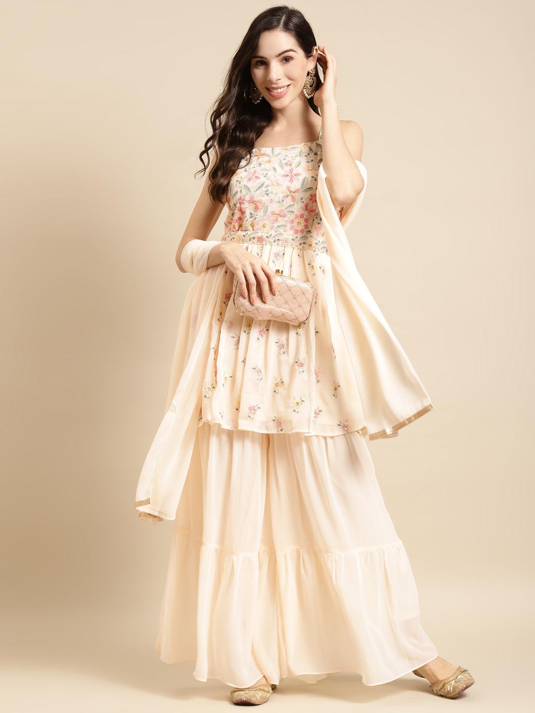 Floral Embroidered Peplum & Sharara with Dupatta - Cream - Indiakreations