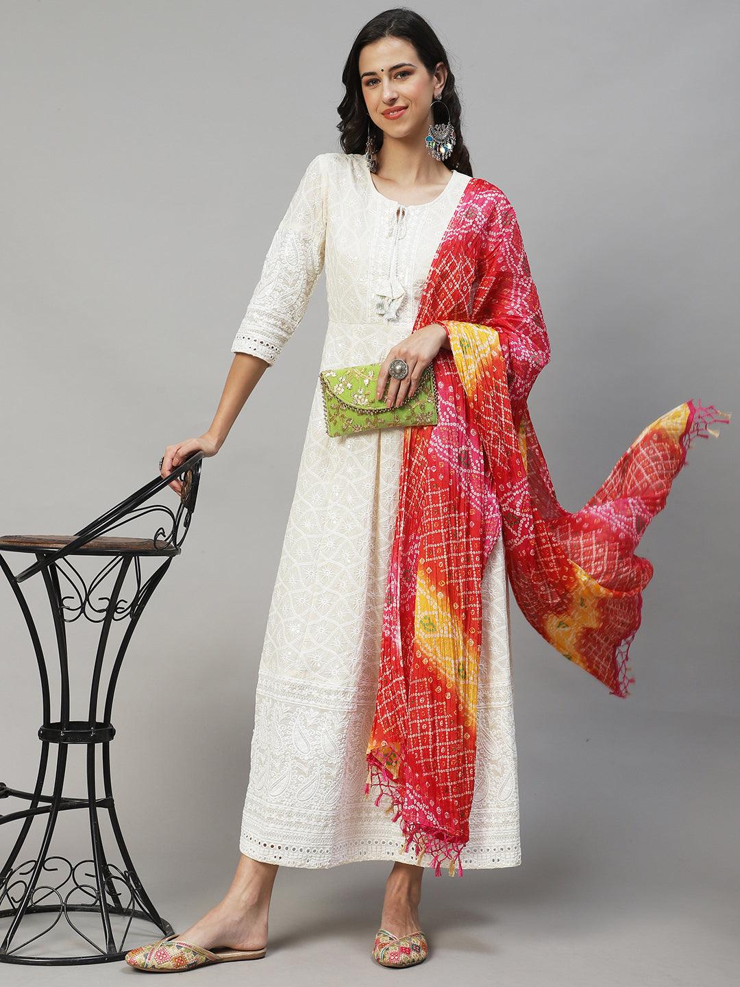 Chikankari Embroidered Anarkali Maxi Dress with Dupatta - Off White - Indiakreations