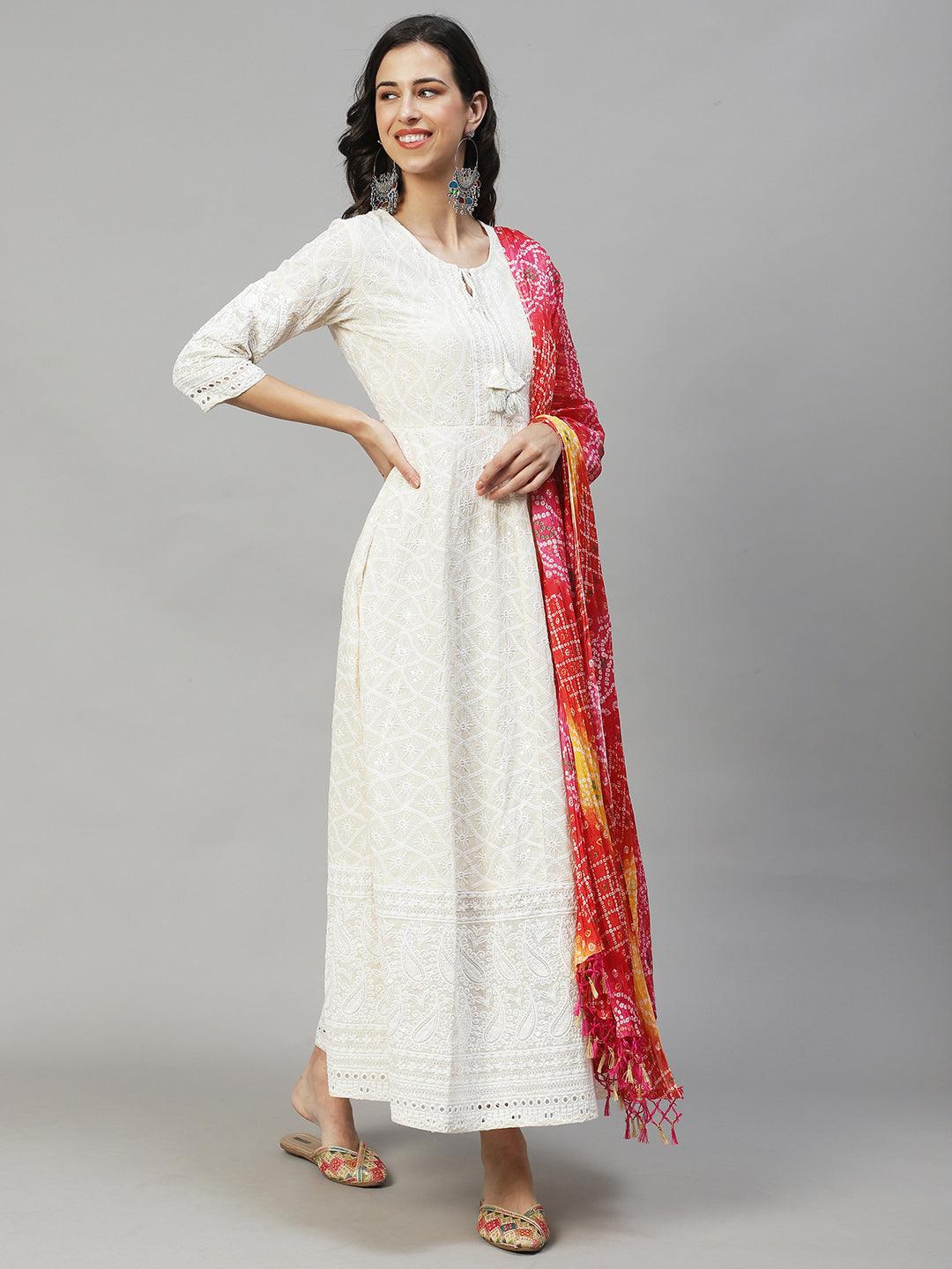 Chikankari Embroidered Anarkali Maxi Dress with Dupatta - Off White - Indiakreations