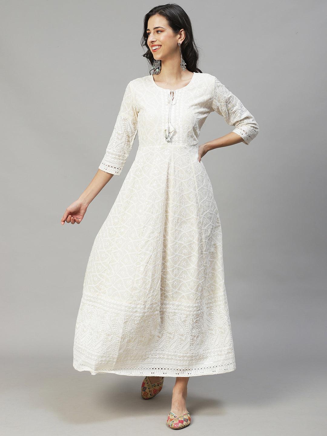 Chikankari Embroidered Anarkali Maxi Dress with Dupatta - Off White - Indiakreations