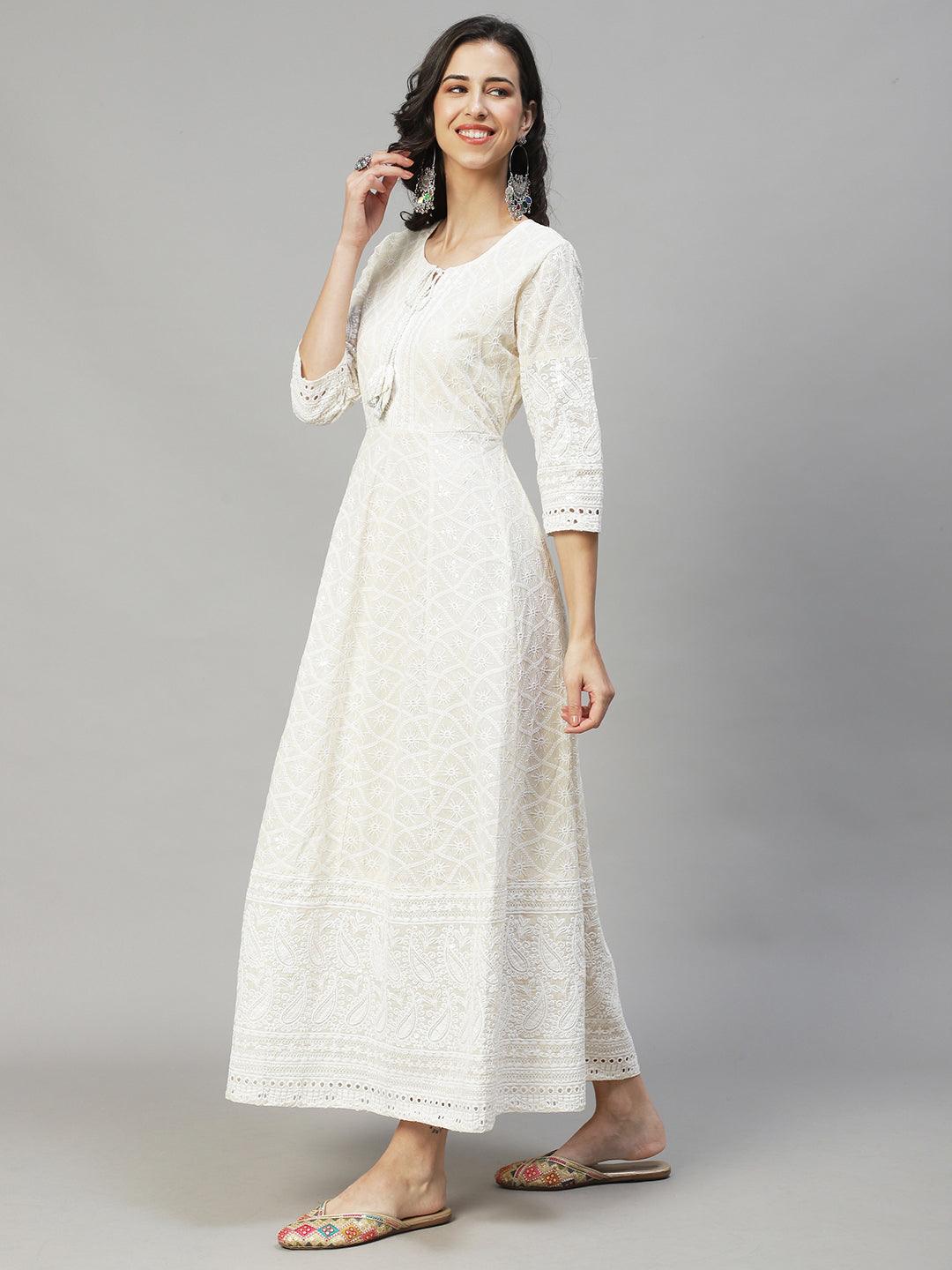 Chikankari Embroidered Anarkali Maxi Dress with Dupatta - Off White - Indiakreations